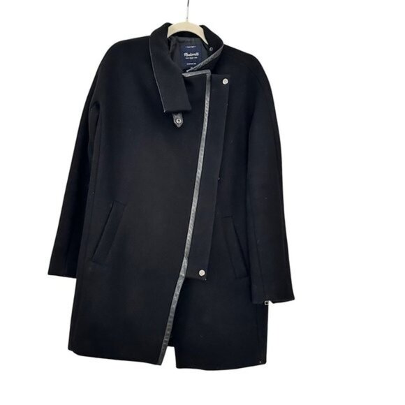 Madewell City GridCoat Black Wool Blend Cold Weather Coat Asymmetric Zipper Sz 2 - Picture 2 of 13